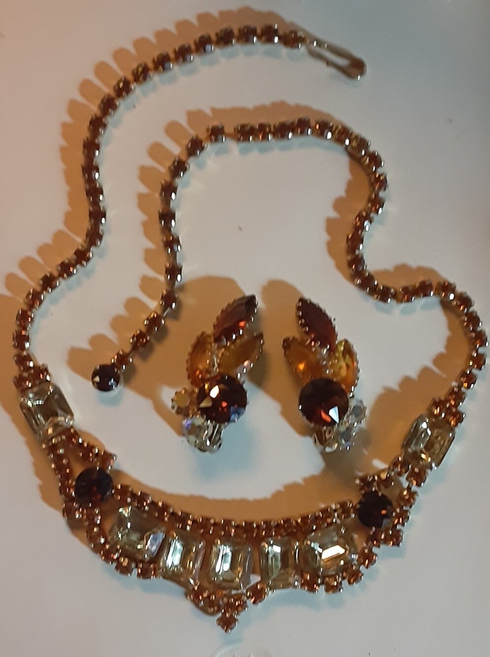 Vintage c1950 Gold and Amber Crystal Necklace & Earring Demi Parure